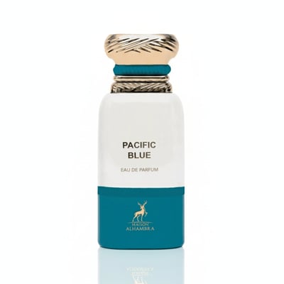 Maison Alhambra Pacific Blue by Maison Alhambra 80ml Man — A white and teal perfume bottle with a gold textured cap and a deer logo on the teal section. | Maison Alhambra Pacific Blue by Maison Alhambra 80ml Man — Botol minyak wangi putih dan teal dengan penutup bertekstur emas dan logo rusa pada bahagian teal.
