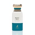 Maison Alhambra Pacific Blue by Maison Alhambra 80ml Man — A white and teal perfume bottle with a gold textured cap and a deer logo on the teal section. | Maison Alhambra Pacific Blue by Maison Alhambra 80ml Man — Botol minyak wangi putih dan teal dengan penutup bertekstur emas dan logo rusa pada bahagian teal.