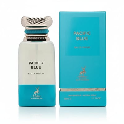 Maison Alhambra Pacific Blue Eau de Parfum — A clear glass bottle with a white and blue gradient, featuring a silver ribbed cap and a blue box with a deer logo. | Maison Alhambra Pacific Blue Eau de Parfum — Botol kaca jernih dengan gradien putih dan biru, menampilkan penutup bergaris perak dan kotak biru dengan logo