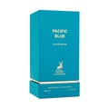Maison Alhambra Pacific Blue by Maison Alhambra 80ml Man — A bright blue box for Pacific Blue Eau de Parfum, featuring gold text and a gold deer logo, with text about the spray type and volume at the bottom. | Maison Alhambra Pacific Blue by Maison Alhambra 80ml Man — Kotak biru terang untuk Pacific Blue Eau de