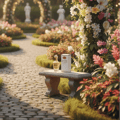 Maison Alhambra Paris Garden Maison Alhambra 100ml EDP Woman — A perfume bottle and its box sit on a stone bench in a lush garden with floral arches and statues in the background. | Maison Alhambra Paris Garden Maison Alhambra 100ml EDP Woman — Botol minyak wangi dan kotaknya terletak di atas bangku batu di taman yang