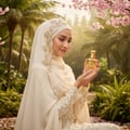 Maison Alhambra Paris Garden Maison Alhambra 100ml EDP Woman — Woman in a white hijab and ornate dress holding a perfume bottle in a lush garden with palm trees and pink blossoms. | Maison Alhambra Paris Garden Maison Alhambra 100ml EDP Woman — Wanita memakai hijab putih dan gaun berhias memegang botol minyak wangi di