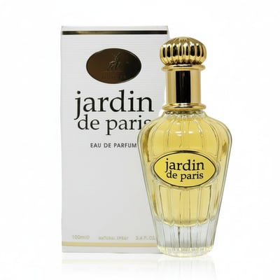 Maison Alhambra Paris Garden 100ml EDP Woman — A clear glass perfume bottle with a fluted design and a gold cap sits next to its white box packaging. The bottle contains yellow liquid and has a label that reads "jardin de paris". | Maison Alhambra Paris Garden 100ml EDP Woman — Botol minyak wangi kaca jernih dengan