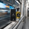 Maison Alhambra Jean Lowe Immortel — A black box and a clear glass bottle of yellow liquid perfume sit on a metallic railing inside a train | Maison Alhambra Jean Lowe Immortel — Kotak hitam dan botol kaca jernih berisi cecair kuning wangian diletakkan di atas rel logam di dalam kereta api