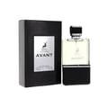 Maison Alhambra Avant by Maison Alhambra 100ml EDP Men — A black textured box stands to the left of a clear glass perfume bottle with a black base and silver cap, both featuring a deer logo and the name 'AVANT'. | Maison Alhambra Avant by Maison Alhambra 100ml EDP Men — Kotak hitam bertekstur berdiri di sebelah kiri