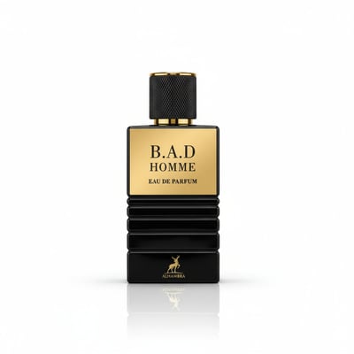 Maison Alhambra B.A.D. Homme Eau de Parfum — A black ribbed perfume bottle with a gold textured cap and a gold rectangular label featuring black text. The bottle has a gold deer logo and 'ALHAMBRA' text at the base. | Maison Alhambra B.A.D. Homme Eau de Parfum — Botol pewangi hitam bergaris dengan penutup bertekstur