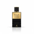 Maison Alhambra B.A.D. Homme Eau de Parfum — A black ribbed perfume bottle with a gold textured cap and a gold rectangular label featuring black text. The bottle has a gold deer logo and 'ALHAMBRA' text at the base. | Maison Alhambra B.A.D. Homme Eau de Parfum — Botol pewangi hitam bergaris dengan penutup bertekstur