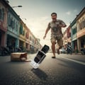 Maison Alhambra Black Wood 60ml by Maison Alhambra EDP for Men — A man running down a street, chasing a fallen perfume bottle and a paper bag spilling its contents. | Maison Alhambra Black Wood 60ml by Maison Alhambra EDP for Men — Seorang lelaki berlari di jalanan, mengejar botol minyak wangi yang terjatuh dan beg