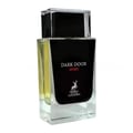 Maison Alhambra Dark Door Sport Men 100ml EDP — A clear glass perfume bottle with a black label and a silver deer logo, filled with yellow liquid, against a white background. | Maison Alhambra Dark Door Sport Men 100ml EDP — Botol minyak wangi kaca jernih dengan label hitam dan logo rusa perak, berisi cecair kuning