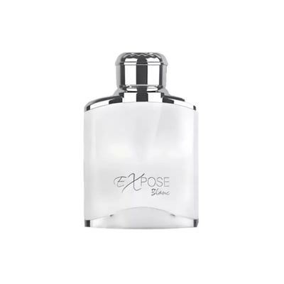 Maison Alhambra Expose Blanc by Maison Alhambra 100ml EDP Men — A white frosted glass perfume bottle with a silver ribbed cap and silver trim. The word "Expose" is written in a script font with "Blanc" below it. | Maison Alhambra Expose Blanc by Maison Alhambra 100ml EDP Men — Botol kaca putih beku dengan penutup