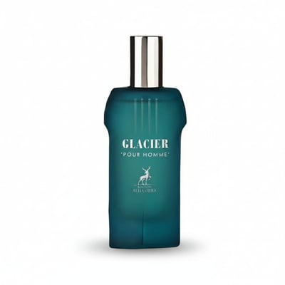 Maison Alhambra Glacier Pour Homme — Teal glass bottle with silver cap, featuring a white deer logo and text 'GLACIER' and 'POUR HOMME'. | Botol kaca teal dengan penutup perak, menampilkan logo rusa putih dan teks 'GLACIER' dan 'POUR HOMME'.