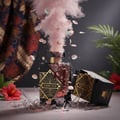 Maison Alhambra Infini Oud by Maison Alhambra Man 100ml EDP — A shattered perfume bottle with pink smoke and petals exploding outwards, set against a dark background with a patterned fabric and tropical leaves. | Maison Alhambra Infini Oud by Maison Alhambra Man 100ml EDP — Botol minyak wangi yang pecah dengan asap