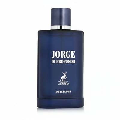 Maison Alhambra Jorge Di Profondo — A dark blue glass perfume bottle with a silver band around the neck and a dark blue cap. The bottle has white text reading "JORGE DI PROFONDO" and a white deer logo with "MAISON ALHAMBRA" below it, followed by "EAU DE PARFUM". | Maison Alhambra Jorge Di Profondo — Botol kaca biru