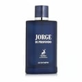Maison Alhambra Jorge Di Profondo — A dark blue glass perfume bottle with a silver band around the neck and a dark blue cap. The bottle has white text reading "JORGE DI PROFONDO" and a white deer logo with "MAISON ALHAMBRA" below it, followed by "EAU DE PARFUM". | Maison Alhambra Jorge Di Profondo — Botol kaca biru