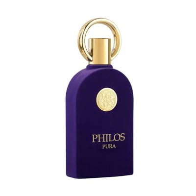 Maison Alhambra Philos Pura by Maison Alhambra 100ml EDP Man — A dark purple velvet-textured perfume bottle with a gold circular emblem and a gold ring on top, against a white background. | Maison Alhambra Philos Pura by Maison Alhambra 100ml EDP Man — Botol minyak wangi berwarna ungu gelap bertekstur baldu dengan