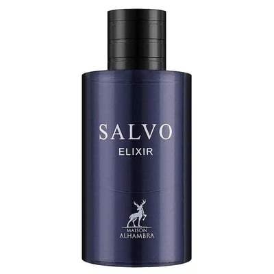 Maison Alhambra Salvo Elixir — A dark blue perfume bottle with a black cap, featuring the text SALVO ELIXIR and a deer logo with MAISON ALHAMBRA text below. | Maison Alhambra Salvo Elixir — Botol minyak wangi biru gelap dengan penutup hitam, menampilkan teks SALVO ELIXIR dan logo rusa dengan teks MAISON ALHAMBRA di