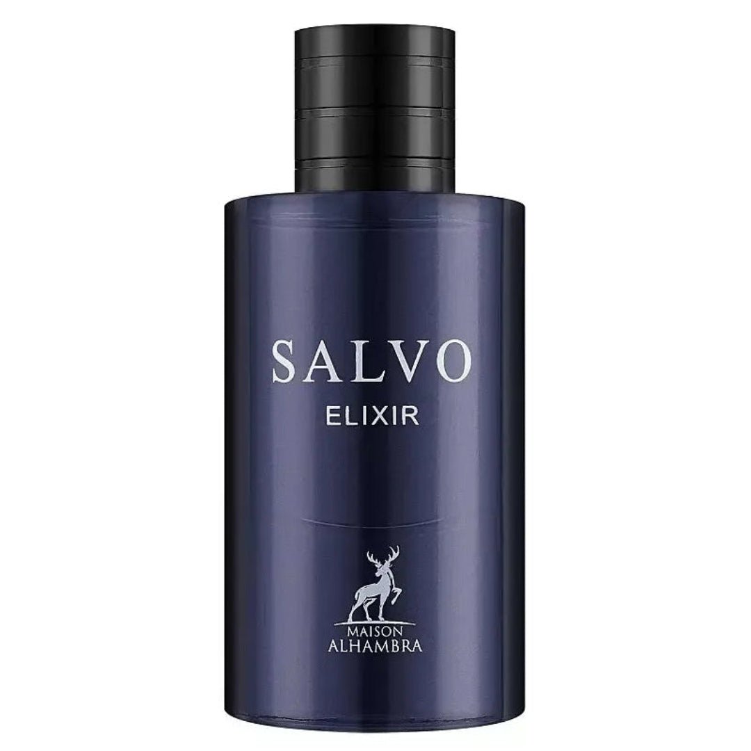 Maison Alhambra Salvo Elixir — A dark blue perfume bottle with a black cap, featuring the text SALVO ELIXIR and a deer logo with MAISON ALHAMBRA text below. | Maison Alhambra Salvo Elixir — Botol minyak wangi biru gelap dengan penutup hitam, menampilkan teks SALVO ELIXIR dan logo rusa dengan teks MAISON ALHAMBRA di