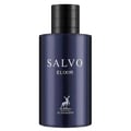 Maison Alhambra Salvo Elixir — A dark blue perfume bottle with a black cap, featuring the text SALVO ELIXIR and a deer logo with MAISON ALHAMBRA text below. | Maison Alhambra Salvo Elixir — Botol minyak wangi biru gelap dengan penutup hitam, menampilkan teks SALVO ELIXIR dan logo rusa dengan teks MAISON ALHAMBRA di