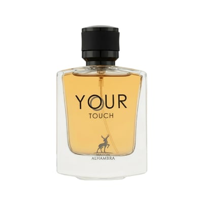 Maison Alhambra Your Touch Man by Maison Alhambra – 100 ml — A clear glass perfume bottle with amber liquid and a black cap, featuring the text "YOUR TOUCH" and a deer silhouette logo. | Maison Alhambra Your Touch Man by Maison Alhambra – 100 ml — Botol minyak wangi kaca jernih dengan cecair berwarna ambar dan penutup