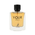 Maison Alhambra Your Touch Man by Maison Alhambra – 100 ml — A clear glass perfume bottle with amber liquid and a black cap, featuring the text "YOUR TOUCH" and a deer silhouette logo. | Maison Alhambra Your Touch Man by Maison Alhambra – 100 ml — Botol minyak wangi kaca jernih dengan cecair berwarna ambar dan penutup