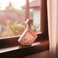 Maison Alhambra Luxe Chic by Maison Alhambra – 100 ml Women — A white perfume bottle with red heart and lip designs sits on a wooden windowsill, with a sheer curtain and blurred outdoor scenery in the background. | Maison Alhambra Luxe Chic by Maison Alhambra – 100 ml Women — Botol minyak wangi putih dengan rekaan