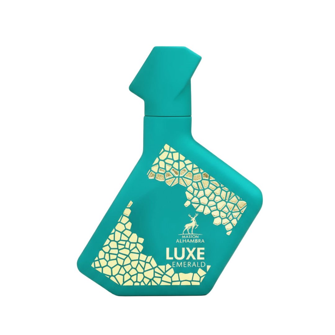 Maison Alhambra Luxe Emerald Perfume Maison Alhambra 100ml Unisex — A teal perfume bottle with a geometric, gold-flecked pattern and a deer logo | Maison Alhambra Luxe Emerald Perfume Maison Alhambra 100ml Unisex — Botol minyak wangi teal dengan corak geometri bertabur emas dan logo rusa