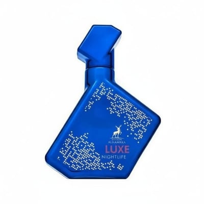 Maison Alhambra Luxe Nightlife by Maison Alhambra Unisex 100 ml — A blue, angular perfume bottle with a geometric design and white dotted patterns, featuring a silver deer logo and text. | Maison Alhambra Luxe Nightlife by Maison Alhambra Unisex 100 ml — Botol minyak wangi biru bersudut dengan reka bentuk geometri dan