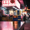 Maison Alhambra The Memory Of Oud EDP 100ml Maison Alhambra — A copper-toned perfume bottle with a textured silver cap sits on a metallic surface, with its blue and gold box behind it. The background is a blurred night market scene with neon signs. | Maison Alhambra The Memory Of Oud EDP 100ml Maison Alhambra — Botol