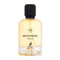 Maison Alhambra Montaigne Vanille — A clear glass perfume bottle with a black textured cap, golden liquid, and a decorative mountain landscape at the base, featuring a deer silhouette logo. | Maison Alhambra Montaigne Vanille — Botol minyak wangi kaca jernih dengan penutup bertekstur hitam, cecair keemasan, dan