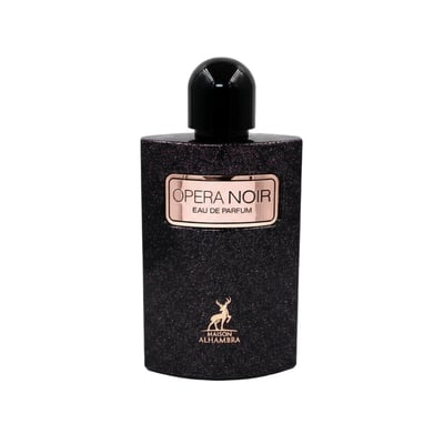 Maison Alhambra Opera Noir — Black glittery perfume bottle with a gold label that says "OPERA NOIR EAU DE PARFUM" and a gold deer logo below. | Botol pewangi hitam berkilauan dengan label emas bertuliskan "OPERA NOIR EAU DE PARFUM" dan logo rusa emas di bawah.