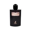 Maison Alhambra Opera Noir — Black glittery perfume bottle with a gold label that says "OPERA NOIR EAU DE PARFUM" and a gold deer logo below. | Botol pewangi hitam berkilauan dengan label emas bertuliskan "OPERA NOIR EAU DE PARFUM" dan logo rusa emas di bawah.