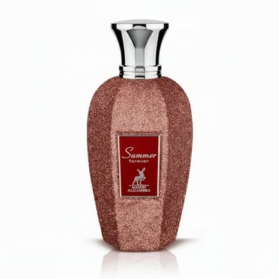 Maison Alhambra Summer Forever by Maison Alhambra 100ml EDP — A rose gold glitter-covered perfume bottle with a silver cap, featuring a red label with gold text and a deer silhouette. | Maison Alhambra Summer Forever by Maison Alhambra 100ml EDP — Botol minyak wangi berwarna emas mawar berkilauan dengan penutup perak