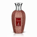 Maison Alhambra Summer Forever by Maison Alhambra 100ml EDP — A rose gold glitter-covered perfume bottle with a silver cap, featuring a red label with gold text and a deer silhouette. | Maison Alhambra Summer Forever by Maison Alhambra 100ml EDP — Botol minyak wangi berwarna emas mawar berkilauan dengan penutup perak