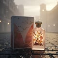 Maison Alhambra Decadent Dream — A perfume bottle with a pink hue and gold cap, containing vanilla pods and amber-like stones, stands next to its marble-patterned box on a wet wooden surface with bokeh lights in the background. | Maison Alhambra Decadent Dream — Botol minyak wangi berwarna merah jambu dengan penutup