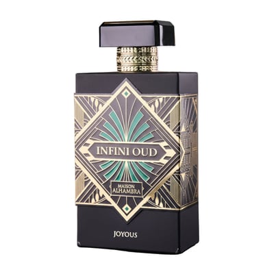 Maison Alhambra Infini Oud Joyous – Black perfume bottle with intricate gold and green art deco design, gold cap, and "INFINI OUD" text. | Maison Alhambra Infini Oud Joyous – Botol minyak wangi hitam dengan reka bentuk art deco emas dan hijau yang rumit, penutup emas, dan teks "INFINI OUD".