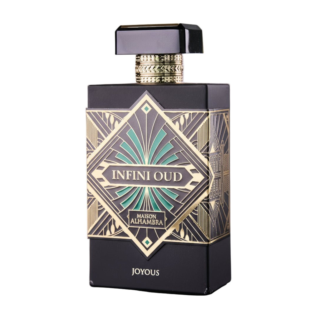 Maison Alhambra Infini Oud Joyous – Black perfume bottle with intricate gold and green art deco design, gold cap, and "INFINI OUD" text. | Maison Alhambra Infini Oud Joyous – Botol minyak wangi hitam dengan reka bentuk art deco emas dan hijau yang rumit, penutup emas, dan teks "INFINI OUD".