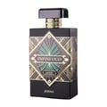 Maison Alhambra Infini Oud Joyous – Black perfume bottle with intricate gold and green art deco design, gold cap, and "INFINI OUD" text. | Maison Alhambra Infini Oud Joyous – Botol minyak wangi hitam dengan reka bentuk art deco emas dan hijau yang rumit, penutup emas, dan teks "INFINI OUD".
