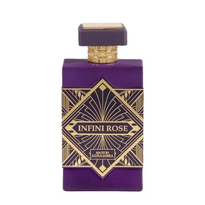 Maison Alhambra Infini Rose — A purple perfume bottle with a gold geometric art deco design on the front and a gold ridged collar below a dark purple cap. | Maison Alhambra Infini Rose — Botol minyak wangi ungu dengan reka bentuk art deco geometri emas di hadapan dan kolar berjalur emas di bawah penutup ungu gelap.