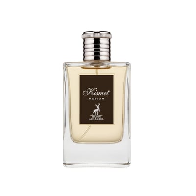 Maison Alhambra Kismet Moscow by Maison Alhambra 100ml EDP — A clear glass perfume bottle with a silver ribbed cap and a dark brown label featuring a deer silhouette and "Kismet Moscow" text. | Maison Alhambra Kismet Moscow by Maison Alhambra 100ml EDP — Botol minyak wangi kaca jernih dengan penutup berjalur perak dan