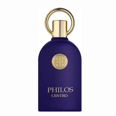 Maison Alhambra Philos Centro Maison Alhambra 100ml EDP — A dark blue perfume bottle with a gold circular emblem and a gold ring on top, set against a white background. | Maison Alhambra Philos Centro Maison Alhambra 100ml EDP — Botol minyak wangi biru gelap dengan lambang bulat emas dan cincin emas di atasnya