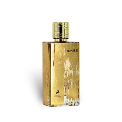 Maison Alhambra Renee Carmine EDP 100 ml — A tall, rectangular gold-foiled perfume bottle with a textured, distressed finish and a ridged gold cap, set against a white background with a subtle shadow. | Maison Alhambra Renee Carmine EDP 100 ml — Botol minyak wangi emas tinggi berbentuk segi empat dengan kemasan
