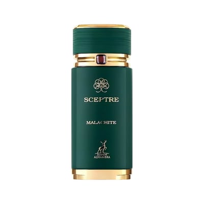 Maison Alhambra Sceptre Malachite — A tall, dark green perfume bottle with gold accents and a small purple gem on the cap, featuring the brand logo and name | Maison Alhambra Sceptre Malachite — Botol minyak wangi hijau gelap tinggi dengan aksen emas dan permata ungu kecil pada penutup, menampilkan logo dan nama jenama
