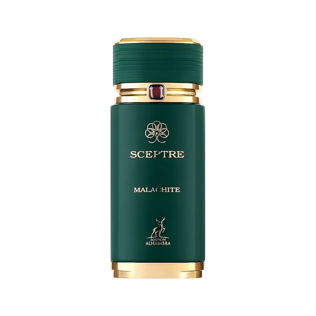 Maison Alhambra Sceptre Malachite — A tall, dark green perfume bottle with gold accents and a small purple gem on the cap, featuring the brand logo and name | Maison Alhambra Sceptre Malachite — Botol minyak wangi hijau gelap tinggi dengan aksen emas dan permata ungu kecil pada penutup, menampilkan logo dan nama jenama