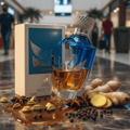Maison Alhambra Victorioso Legend by Maison Alhambra 100 ml for Men — A broken glass perfume bottle with amber liquid spilling onto a marble surface, surrounded by spices like star anise, cardamom, and peppercorns, with a white box in the background. | Maison Alhambra Victorioso Legend by Maison Alhambra 100 ml for