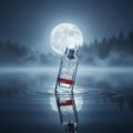 Maison Alhambra Aromatic Rouge by Maison Alhambra 100ml EDP — A clear perfume bottle with red floral accents stands in rippling water under a full moon and misty forest background. | Maison Alhambra Aromatic Rouge by Maison Alhambra 100ml EDP — Botol minyak wangi jernih dengan aksen bunga merah berdiri di dalam air