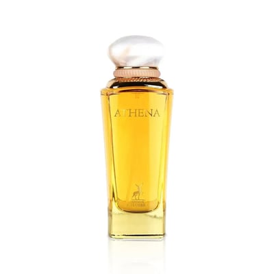 Maison Alhambra Athena Eau de Parfum 100 ml Ville Femme — A tall, clear glass perfume bottle with golden liquid and a white, pearl-like cap, featuring the brand name 'ATHENA' and a deer logo on the front. | Maison Alhambra Athena Eau de Parfum 100 ml Ville Femme — Botol kaca jernih tinggi dengan cecair keemasan dan
