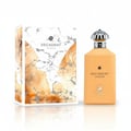 Maison Alhambra Decadent Wonder Her EDP 100 ml Alhambra — A peach-colored perfume bottle with a silver ornate cap stands next to its matching marble and watercolor-patterned box. | Maison Alhambra Decadent Wonder Her EDP 100 ml Alhambra — Botol minyak wangi berwarna pic dengan penutup perak berhias berdiri di sebelah