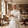 Maison Alhambra Delilah Blanc by Maison Alhambra 100ml EDP — Woman in a white hijab and dress holding a perfume bottle in a luxurious room with soft lighting. | Maison Alhambra Delilah Blanc by Maison Alhambra 100ml EDP — Wanita bertudung dan berbaju putih memegang botol minyak wangi di bilik mewah dengan pencahayaan