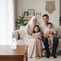 Maison Alhambra Delilah Blanc by Maison Alhambra 100ml EDP — A family of four, including two young children, posing on a sofa in a bright living room, with a perfume bottle in the foreground on a wooden table. | Maison Alhambra Delilah Blanc by Maison Alhambra 100ml EDP — Sebuah keluarga empat orang, termasuk dua anak