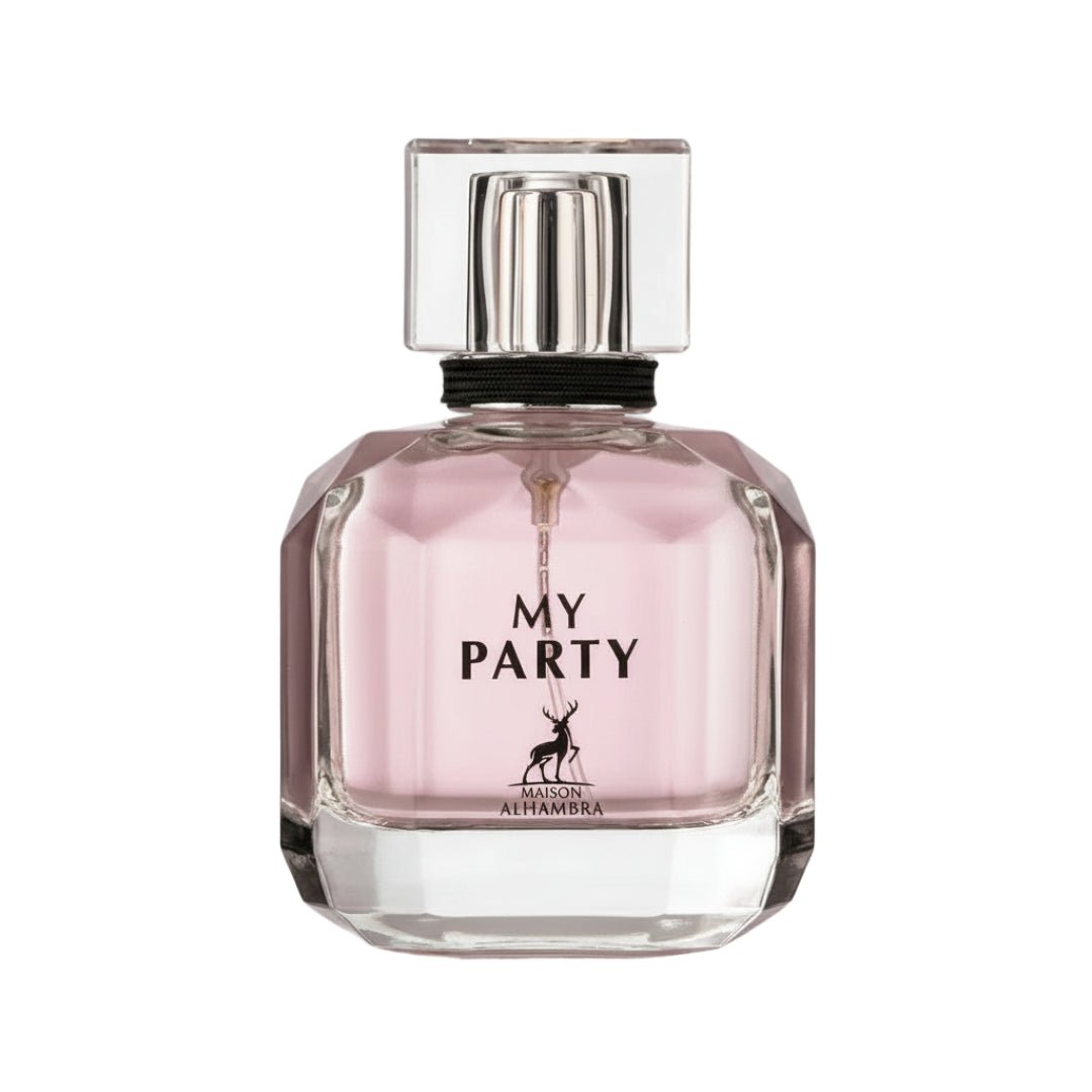 Maison Alhambra My Party Maison Alhambra 100ml EDP Woman — A clear glass perfume bottle with faceted sides, containing pink liquid and a silver cap with a black band. The label features black text and a deer silhouette. | Maison Alhambra My Party Maison Alhambra 100ml EDP Woman — Botol kaca jernih bersisi faset